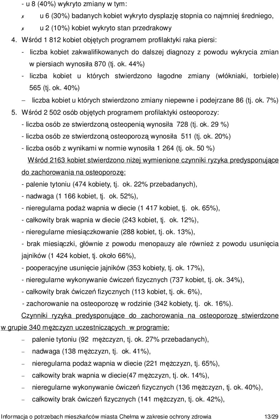 44%) - liczba kobiet u których stwierdzono łagodne zmiany (włókniaki, torbiele) 565 (tj. ok. 40%) liczba kobiet u których stwierdzono zmiany niepewne i podejrzane 86 (tj. ok. 7%) 5.