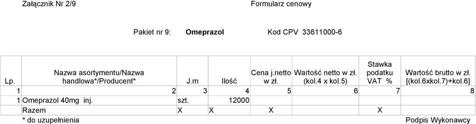 podatku Wartość brutto w zł. J.m Ilość w zł. (kol.