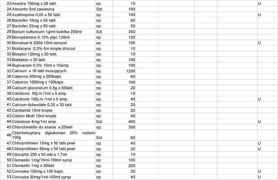 op. 100 35 Calcium x 16 tabl musujących op. 1200 36 Calperos 500mg x 200kaps op. 60 37 Calperos 1000mg x 100kaps op. 100 38 Calcium gluconicum 0,5g x 50tabl. op. 20 39 Calcitonin 50j.m./1ml x 5 amp.