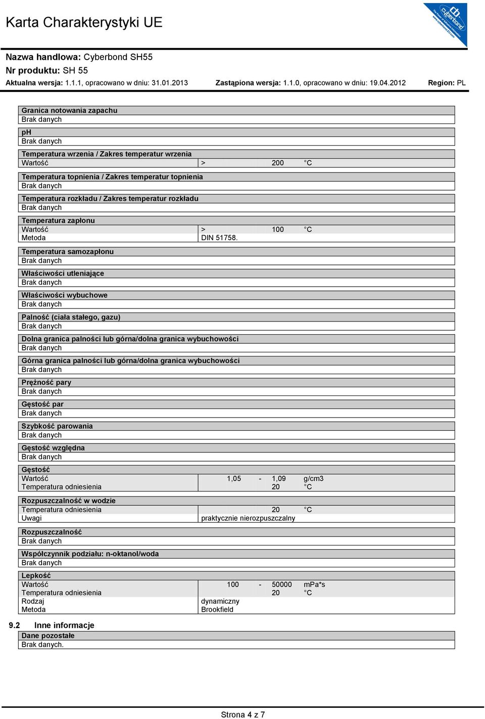 Temperatura samozapłonu Właściwości utleniające Właściwości wybuchowe Palność (ciała stałego, gazu) Dolna granica palności lub górna/dolna granica wybuchowości Górna granica palności lub górna/dolna