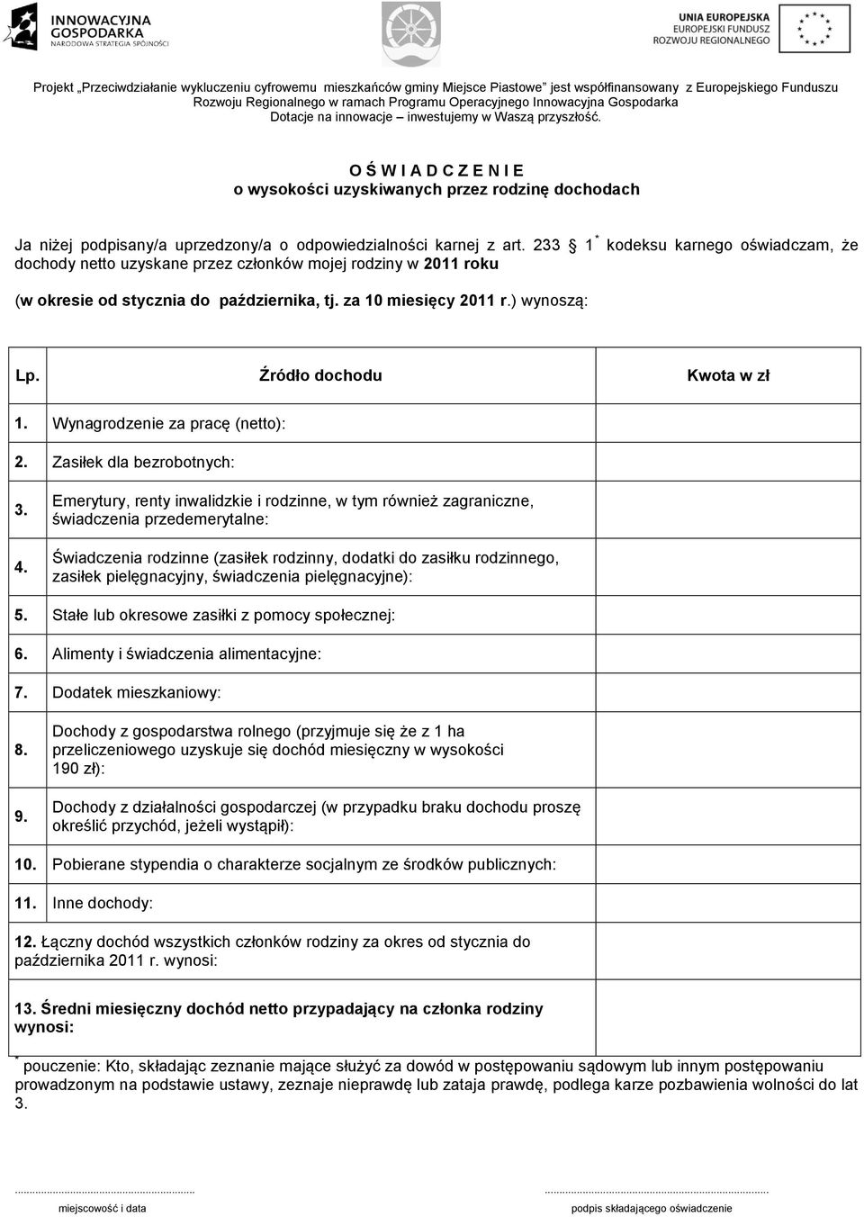 Źródło dochodu Kwota w zł 1. Wynagrodzenie za pracę (netto): 2. Zasiłek dla bezrobotnych: 3. 4.