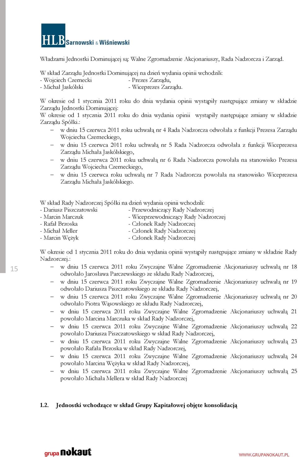 W okresie od 1 stycznia 2011 roku do dnia wydania opinii wystąpiły następujące zmiany w składzie Zarządu Jednostki Dominującej: W okresie od 1 stycznia 2011 roku do dnia wydania opinii wystąpiły