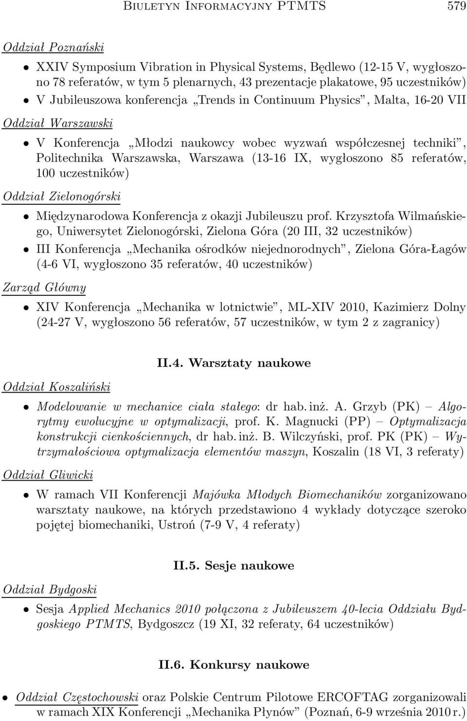 IX, wygłoszono 85 referatów, 100 uczestników) Oddział Zielonogórski Międzynarodowa Konferencja z okazji Jubileuszu prof.