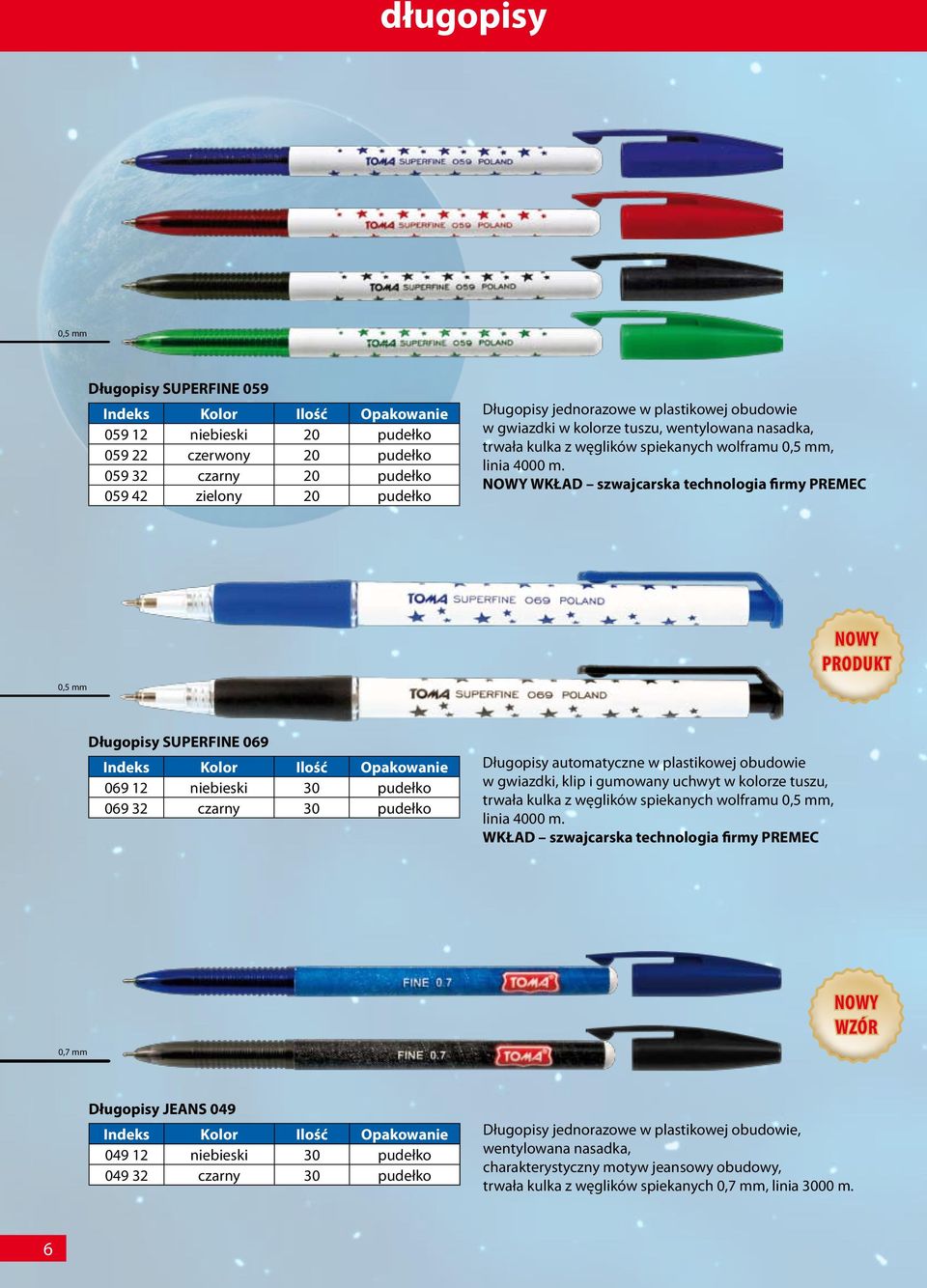 NOWY WKŁAD szwajcarska technologia firmy PREMEC 0,5 mm NOWY PRODUKT Długopisy SUPERFINE 069 069 12 niebieski 30 pudełko 069 32 czarny 30 pudełko Długopisy automatyczne w plastikowej obudowie w