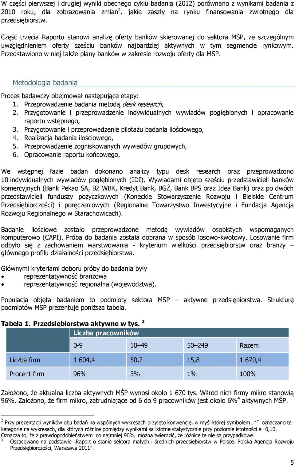 Przedstawiono w niej także plany banków w zakresie rozwoju oferty dla MSP. Metodologia badania Proces badawczy obejmował następujące etapy: 1. Przeprowadzenie badania metodą desk research, 2.