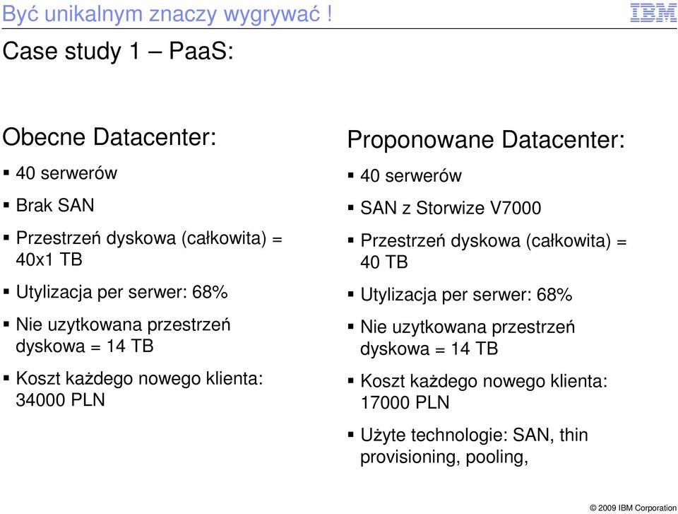 68% Nie uzytkowana przestrzeń dyskowa = 14 TB Koszt każdego nowego klienta: 34000 PLN Proponowane Datacenter: 40 serwerów