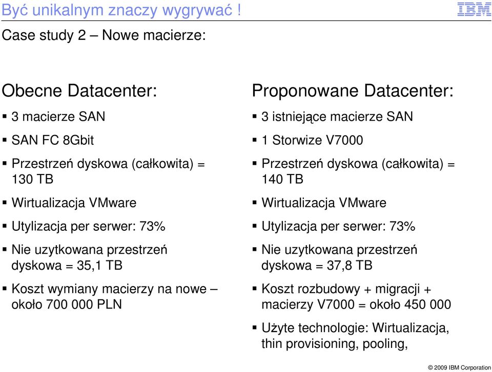 serwer: 73% Nie uzytkowana przestrzeń dyskowa = 35,1 TB Koszt wymiany macierzy na nowe około 700 000 PLN Proponowane Datacenter: 3 istniejące macierze