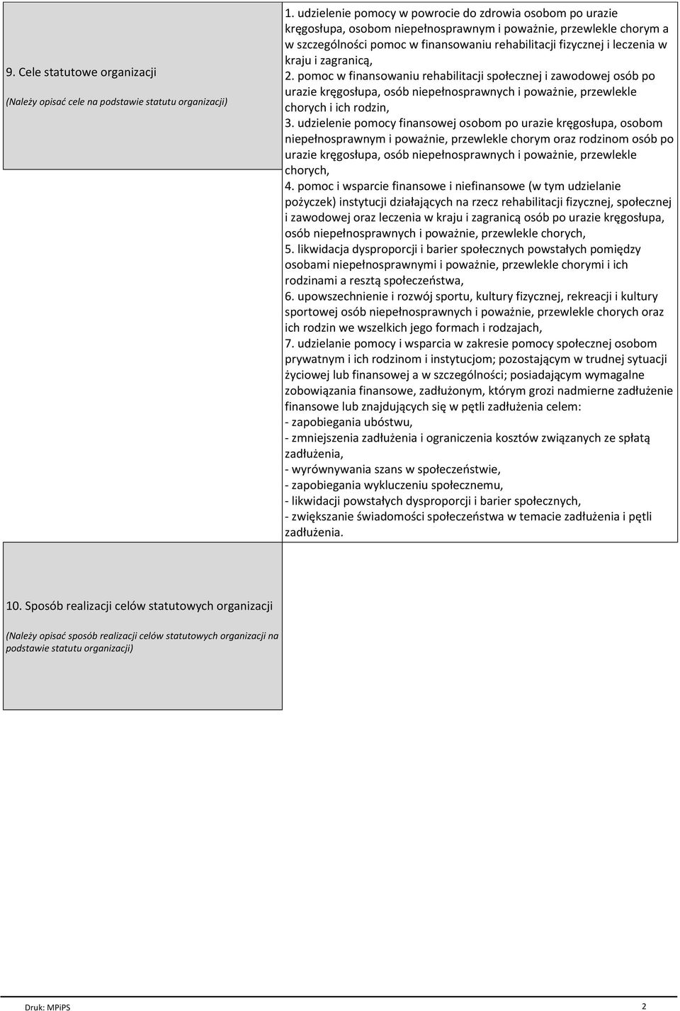 kraju i zagranicą, 2. pomoc w finansowaniu rehabilitacji społecznej i zawodowej osób po urazie kręgosłupa, osób niepełnosprawnych i poważnie, przewlekle chorych i ich rodzin, 3.