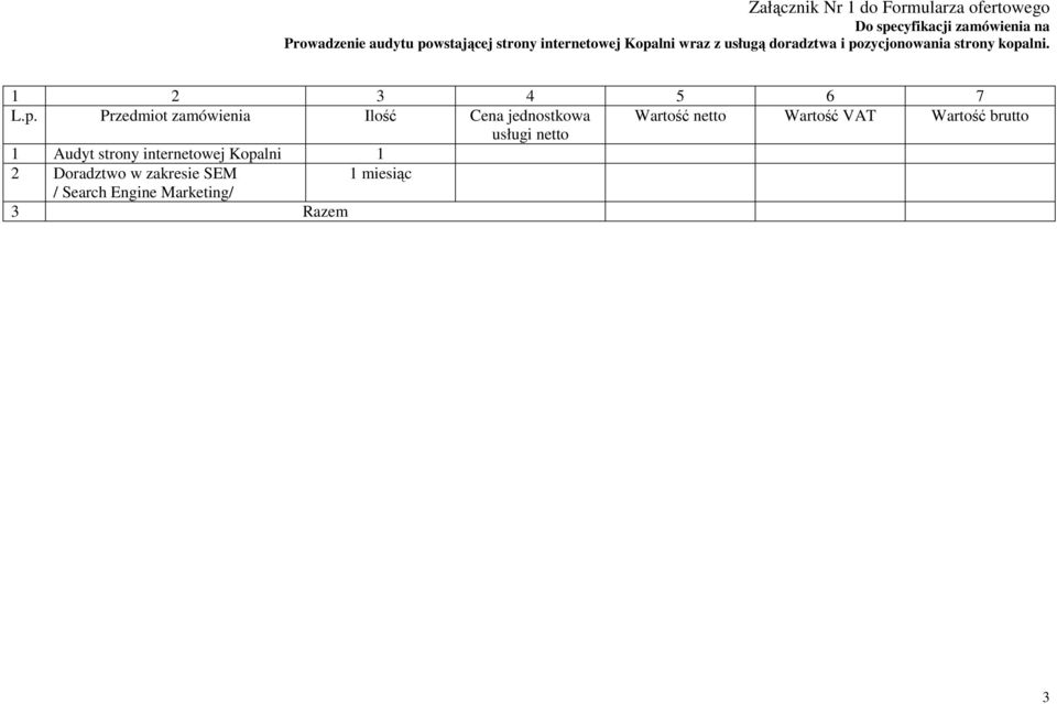 zamówienia Ilość Cena jednostkowa Wartość netto Wartość VAT Wartość brutto usługi netto 1 Audyt