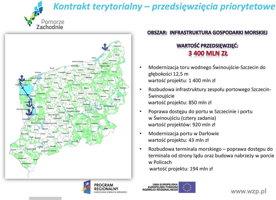 Szczecinie i portu w Świnoujściu (cztery zadania) wartość projektów: 920 mln zł Modernizacja portu w Darłowie wartość projektu: 43 mln zł