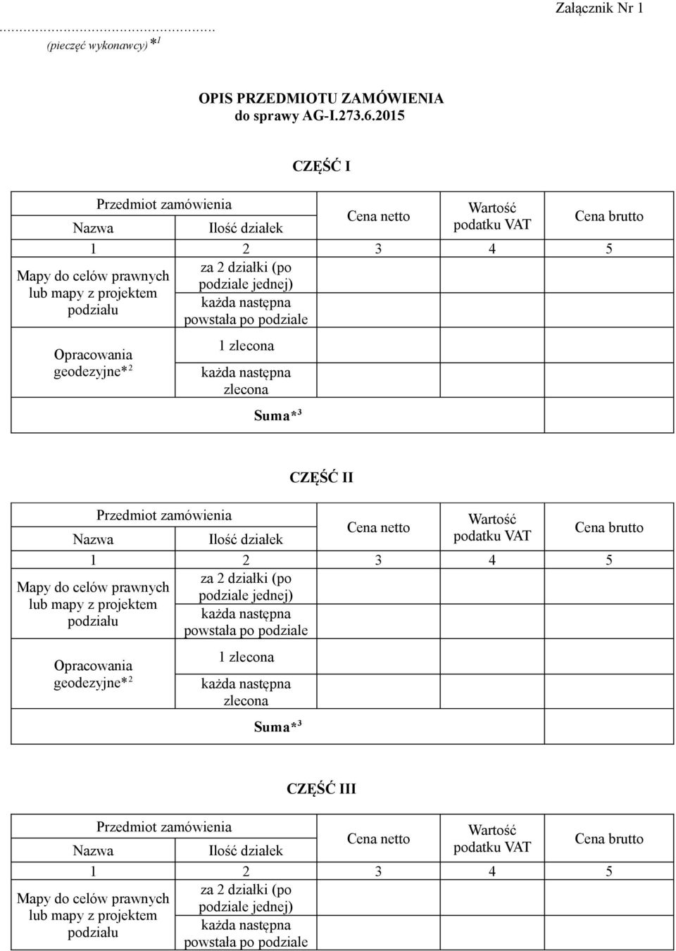 powstała po podziale Opracowania geodezyjne* 2 1 zlecona zlecona Suma* 3 CZĘŚĆ II Przedmiot zamówienia Wartość Cena netto Cena brutto Nazwa Ilość działek podatku VAT 1 2 3 4 5 za 2 działki (po Mapy