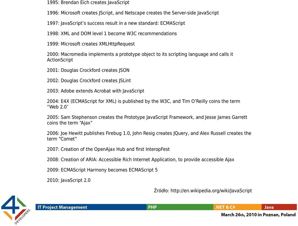 Crockford creates JSON 2002: Douglas Crockford creates JSLint 2003: Adobe extends Acrobat with JavaScript 2004: E4X (ECMAScript for XML) is published by the W3C, and Tim O Reilly coins the term Web 2.