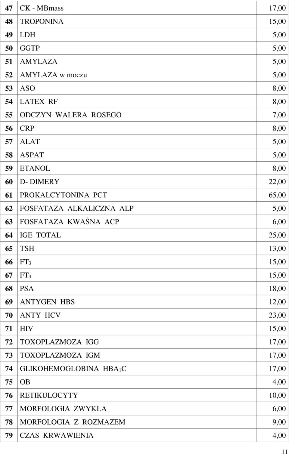 ACP 6,00 64 IGE TOTAL 25,00 65 TSH 13,00 66 FT3 15,00 67 FT4 15,00 68 PSA 18,00 69 ANTYGEN HBS 12,00 70 ANTY HCV 23,00 71 HIV 15,00 72 TOXOPLAZMOZA IGG 17,00 73