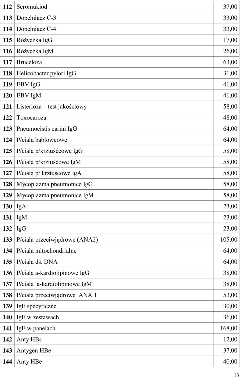 58,00 127 P/ciała p/ krztuścowe IgA 58,00 128 Mycoplazma pneumonice IgG 58,00 129 Mycoplazma pneumonice IgM 58,00 130 IgA 23,00 131 IgM 23,00 132 IgG 23,00 133 P/ciała przeciwjądrowe (ANA2) 105,00