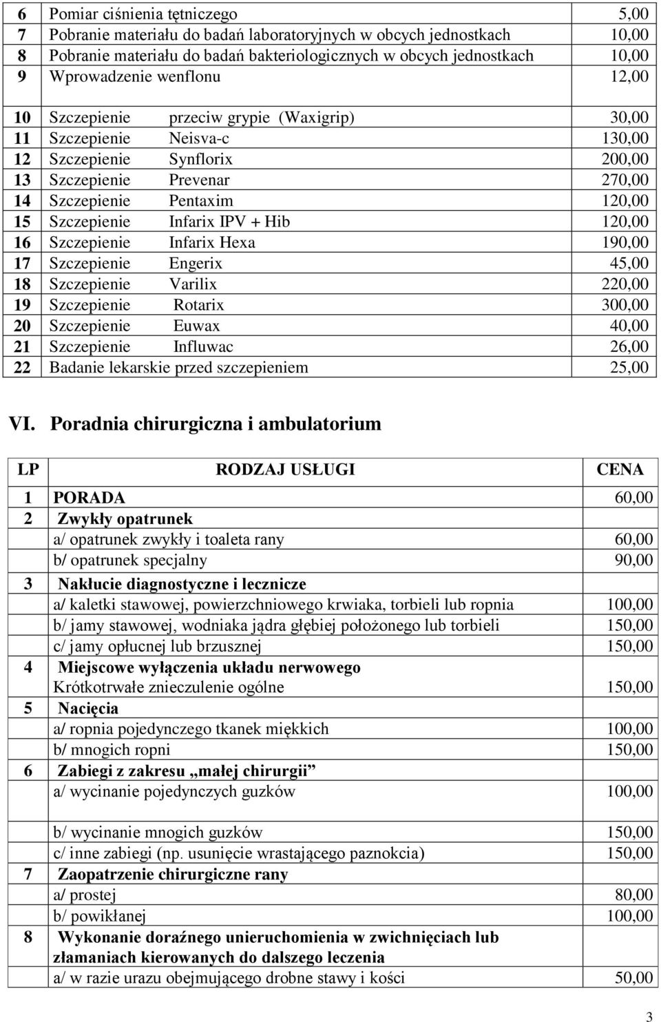 Szczepienie Infarix IPV + Hib 120,00 16 Szczepienie Infarix Hexa 190,00 17 Szczepienie Engerix 45,00 18 Szczepienie Varilix 220,00 19 Szczepienie Rotarix 300,00 20 Szczepienie Euwax 40,00 21