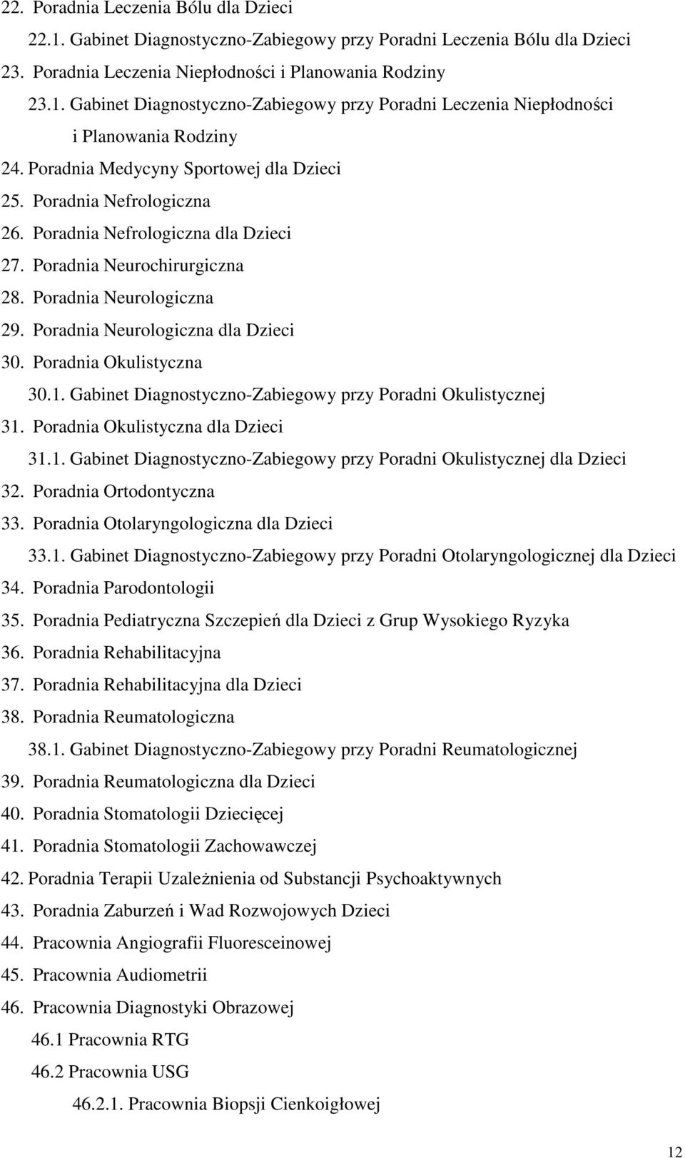 Poradnia Neurologiczna dla Dzieci 30. Poradnia Okulistyczna 30.1. Gabinet Diagnostyczno-Zabiegowy przy Poradni Okulistycznej 31. Poradnia Okulistyczna dla Dzieci 31.1. Gabinet Diagnostyczno-Zabiegowy przy Poradni Okulistycznej dla Dzieci 32.