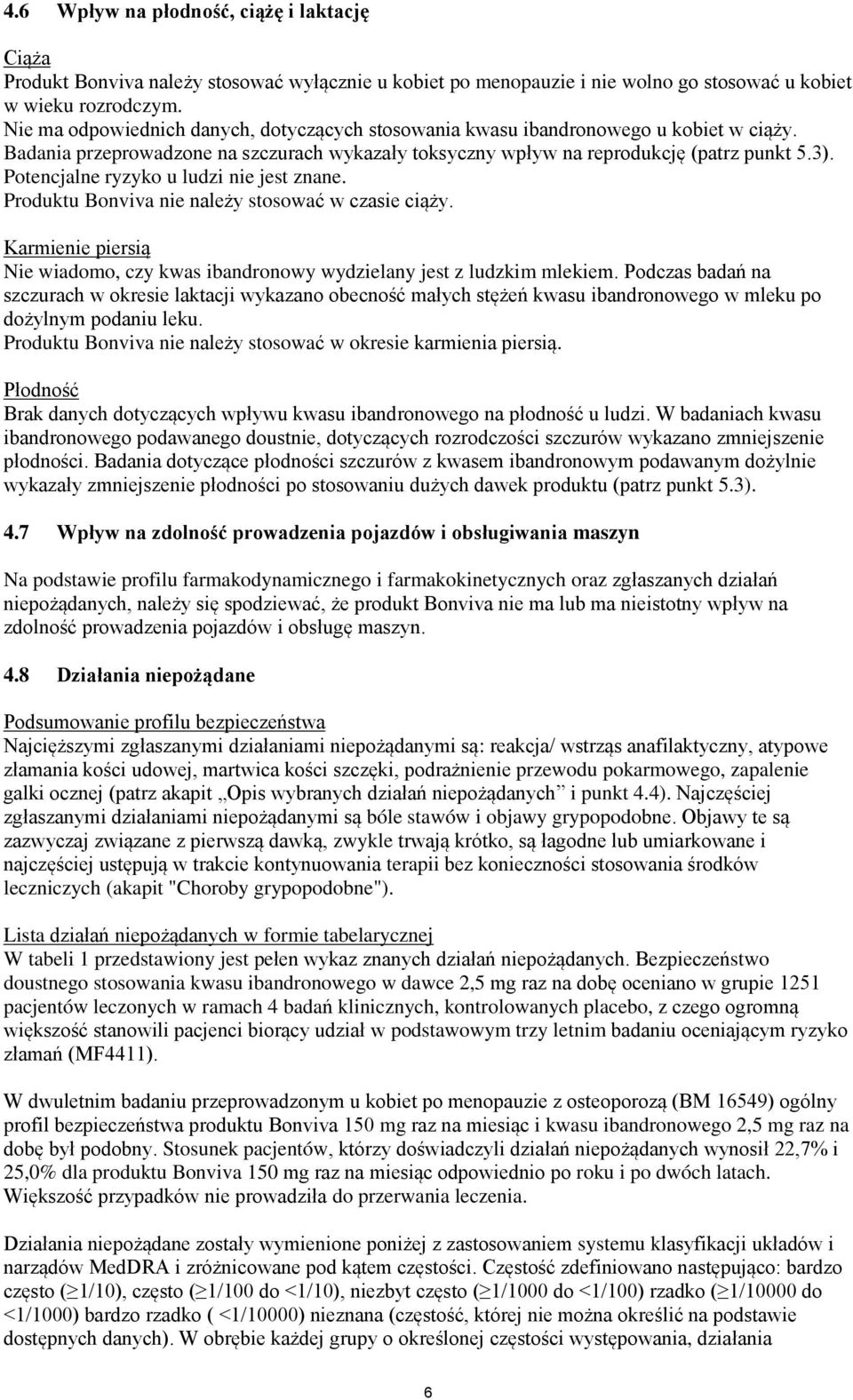 Potencjalne ryzyko u ludzi nie jest znane. Produktu Bonviva nie należy stosować w czasie ciąży. Karmienie piersią Nie wiadomo, czy kwas ibandronowy wydzielany jest z ludzkim mlekiem.