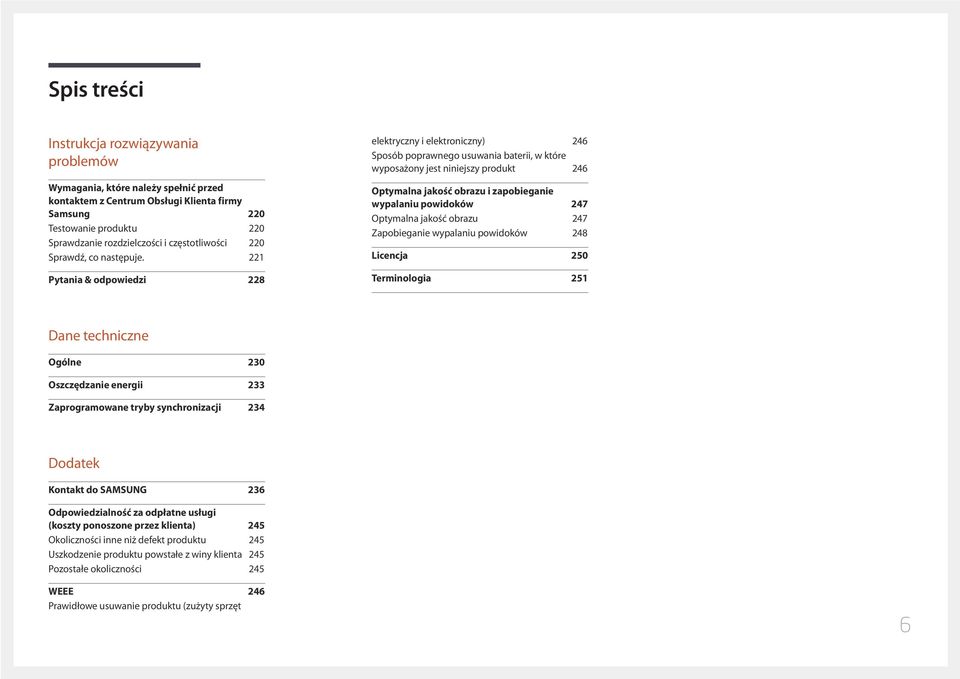 221 Pytania & odpowiedzi 228 elektryczny i elektroniczny) 246 Sposób poprawnego usuwania baterii, w które wyposażony jest niniejszy produkt 246 Optymalna jakość obrazu i zapobieganie wypalaniu