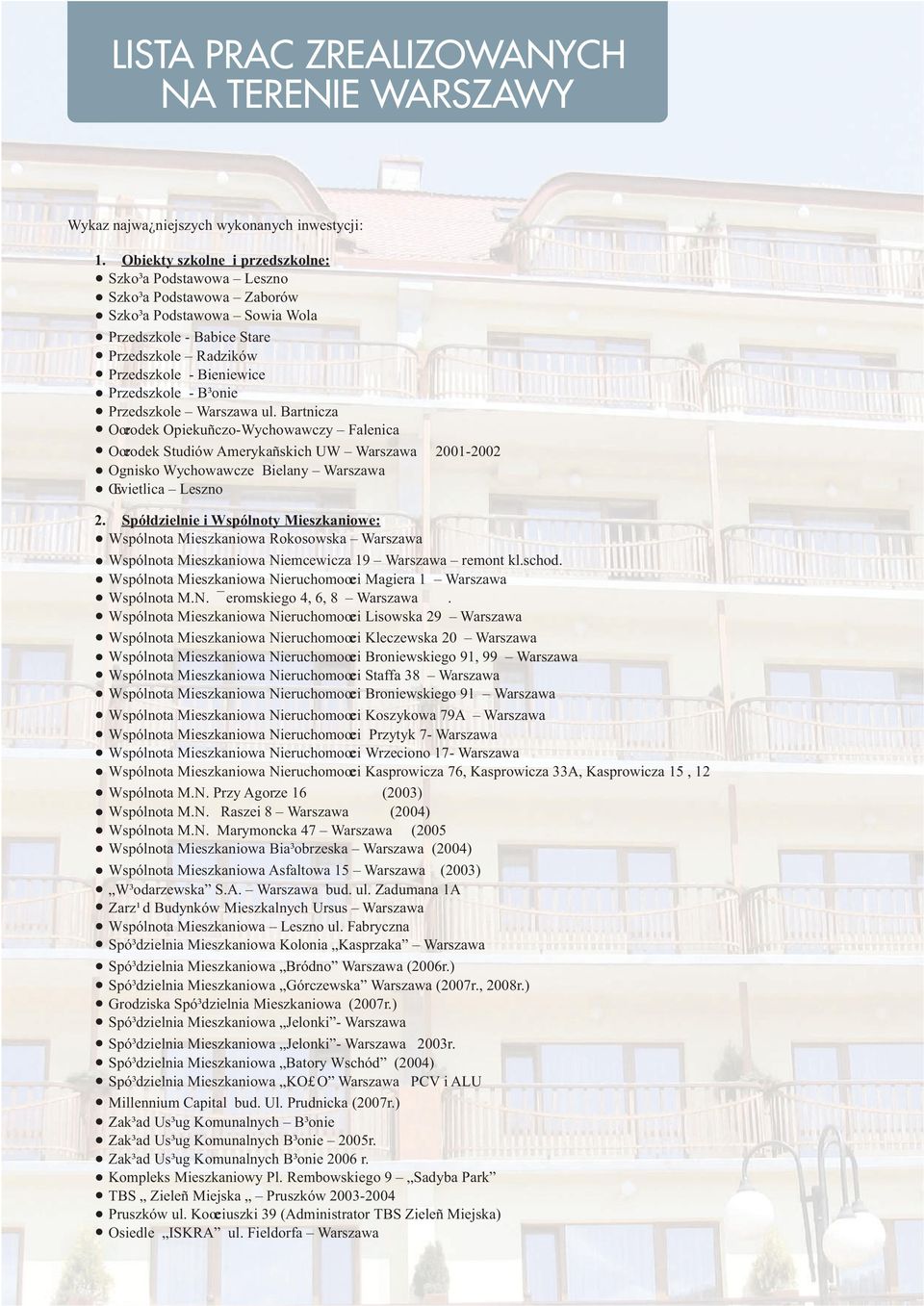 B³onie Przedszkole Warszawa ul. Bartnicza Oœrodek Opiekuñczo-Wychowawczy Falenica Oœrodek Studiów Amerykañskich UW Warszawa 2001-2002 Ognisko Wychowawcze Bielany Warszawa Œwietlica Leszno 2.