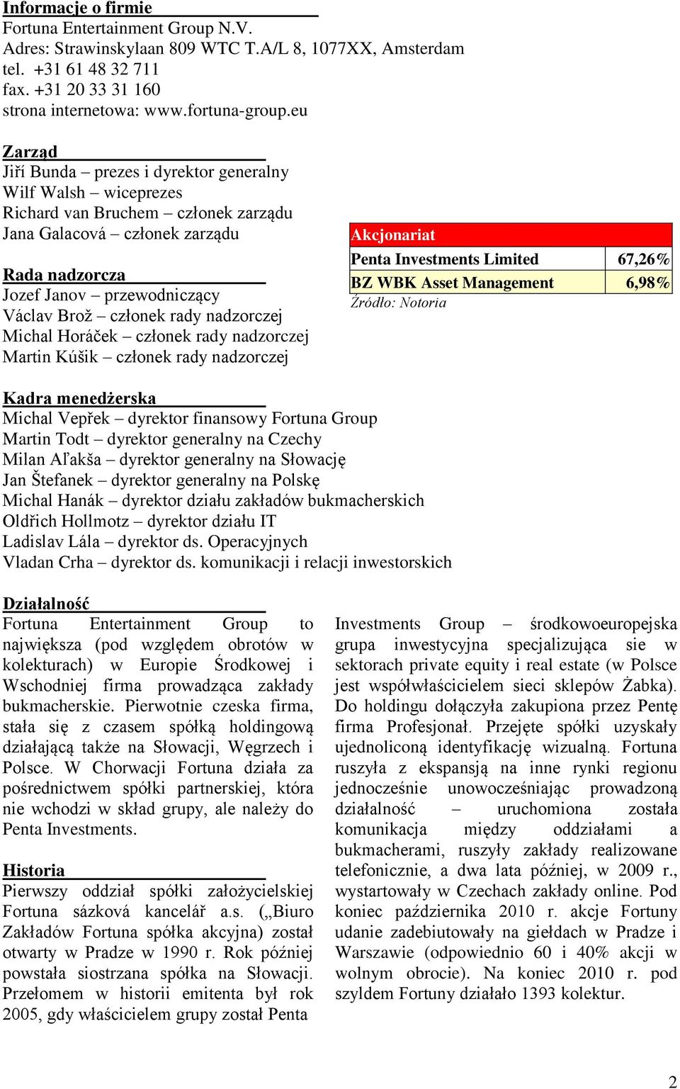 rady nadzorczej Michal Horáček członek rady nadzorczej Martin Kúńik członek rady nadzorczej Akcjonariat Penta Investments Limited 67,26% BZ WBK Asset Management 6,98% Kadra menedżerska Michal Vepřek