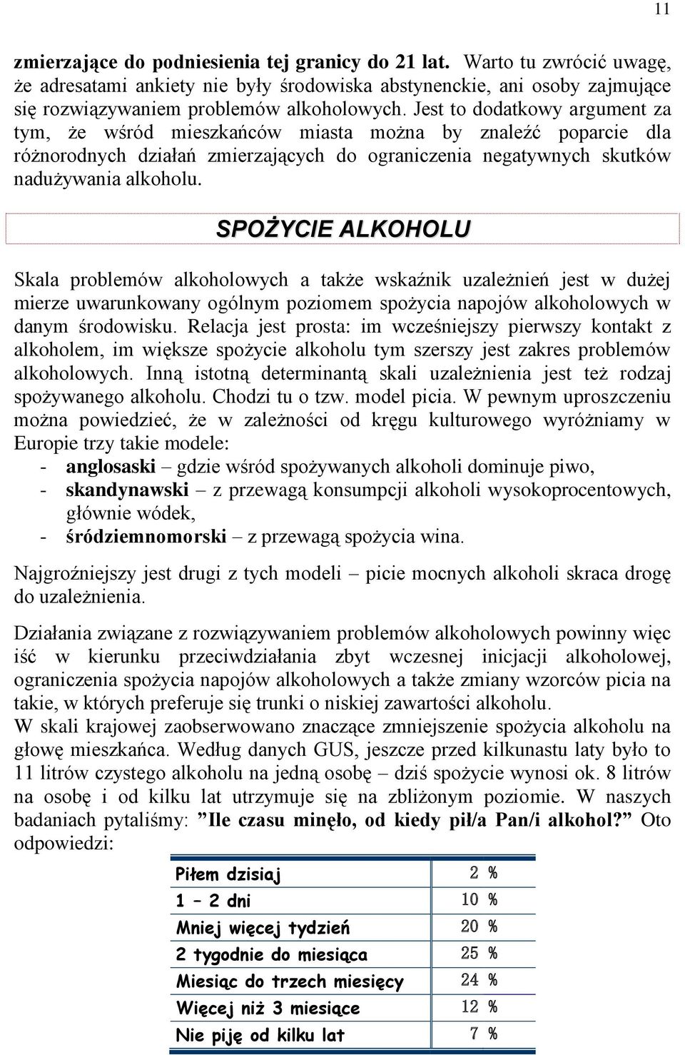 SPOŻYCIE ALKOHOLU Skala problemów alkoholowych a także wskaźnik uzależnień jest w dużej mierze uwarunkowany ogólnym poziomem spożycia napojów alkoholowych w danym środowisku.