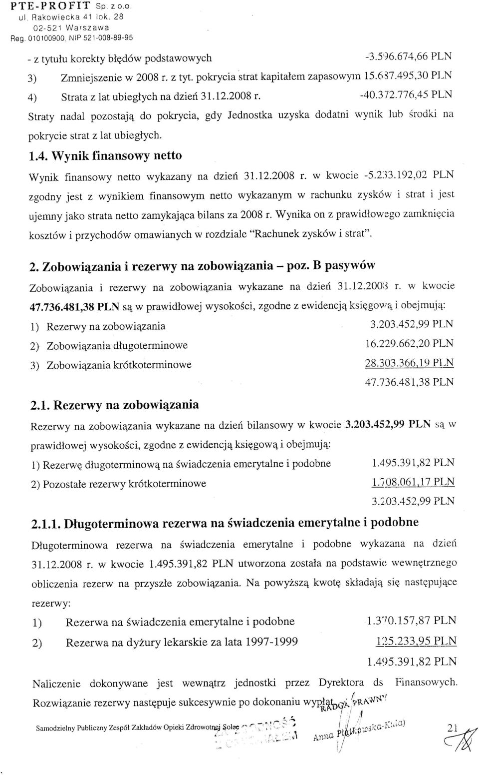 i\ Straty nadal pozostaj4 do pokrycia, gdy Jednostka uzyska dodatni wynik lub rlrodki nit pokycie strat z lat ubiegiych. 1.4. Wynik finansowy netto Wynik finansowy netto wykazany na dziefi, 3I.12.