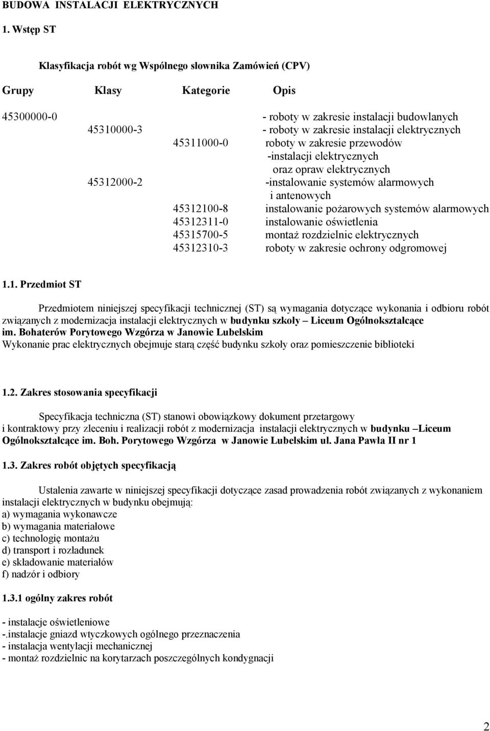 elektrycznych 45311000-0 roboty w zakresie przewodów -instalacji elektrycznych oraz opraw elektrycznych 45312000-2 -instalowanie systemów alarmowych i antenowych 45312100-8 instalowanie pożarowych