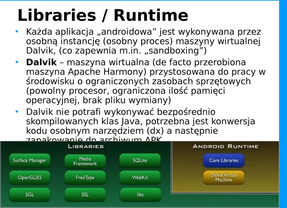 zasobach sprzętowych (powolny procesor, ograniczona ilość pamięci operacyjnej, brak pliku wymiany) Dalvik nie potrafi wykonywać bezpośrednio