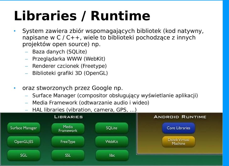 Baza danych (SQLite) Przeglądarka WWW (WebKit) Renderer czcionek (Freetype) Biblioteki grafiki 3D (OpenGL) oraz