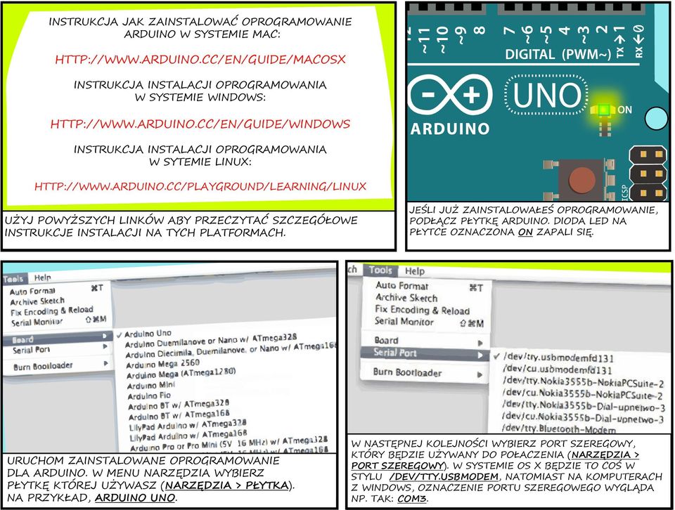 W MENU NARZĘDZIA WYBIERZ PŁYTKĘ KTÓREJ UŻYWASZ (NARZĘDZIA > PŁYTKA). NA PRZYKŁAD, ARDUINO UNO. JEŚLI JUŻ ZAINSTALOWAŁEŚ OPROGRAMOWANIE, PODŁĄCZ PŁYTKĘ ARDUINO.