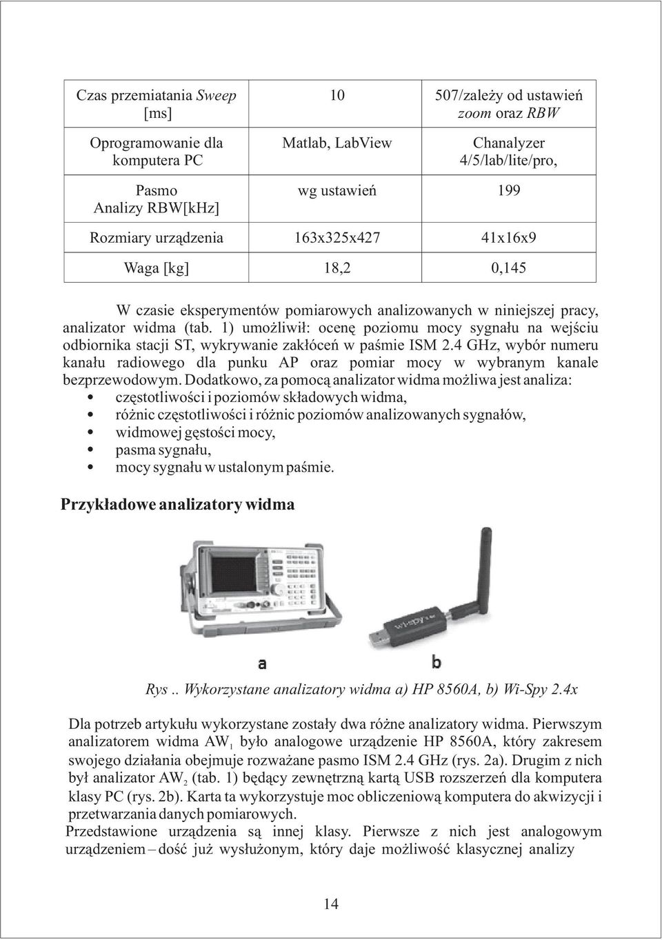 1) umo liwi³: ocenê poziomu mocy sygna³u na wejœciu odbiornika stacji ST, wykrywanie zak³óceñ w paœmie ISM 2.