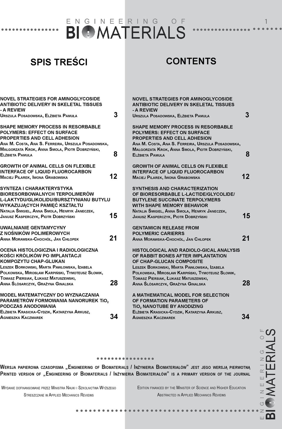 Ferreira, Urszula Posadowska, Małgorzata Krok, Anna Smola, Piotr Dobrzyński, Elżbieta Pamuła 8 Growth of animal cells on flexible interface of liquid fluorocarbon Maciej Pilarek, Iwona Grabowska 12