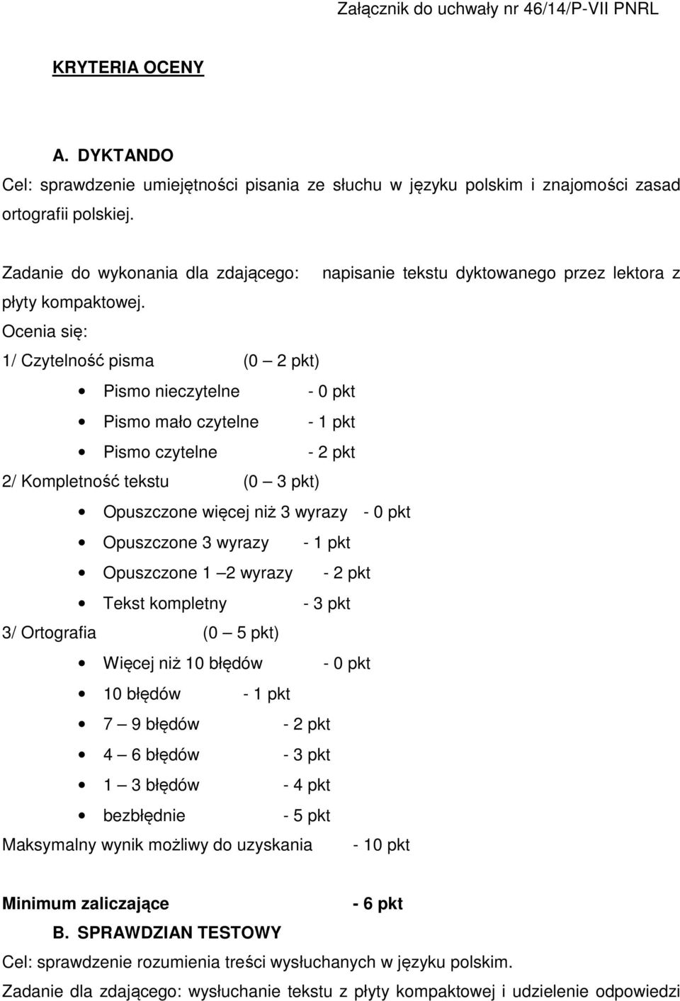 Ocenia się: 1/ Czytelność pisma (0 2 ) Pismo nieczytelne - 0 Pismo mało czytelne - 1 Pismo czytelne - 2 2/ Kompletność tekstu (0 3 ) Opuszczone więcej niż 3 wyrazy - 0 Opuszczone 3 wyrazy - 1