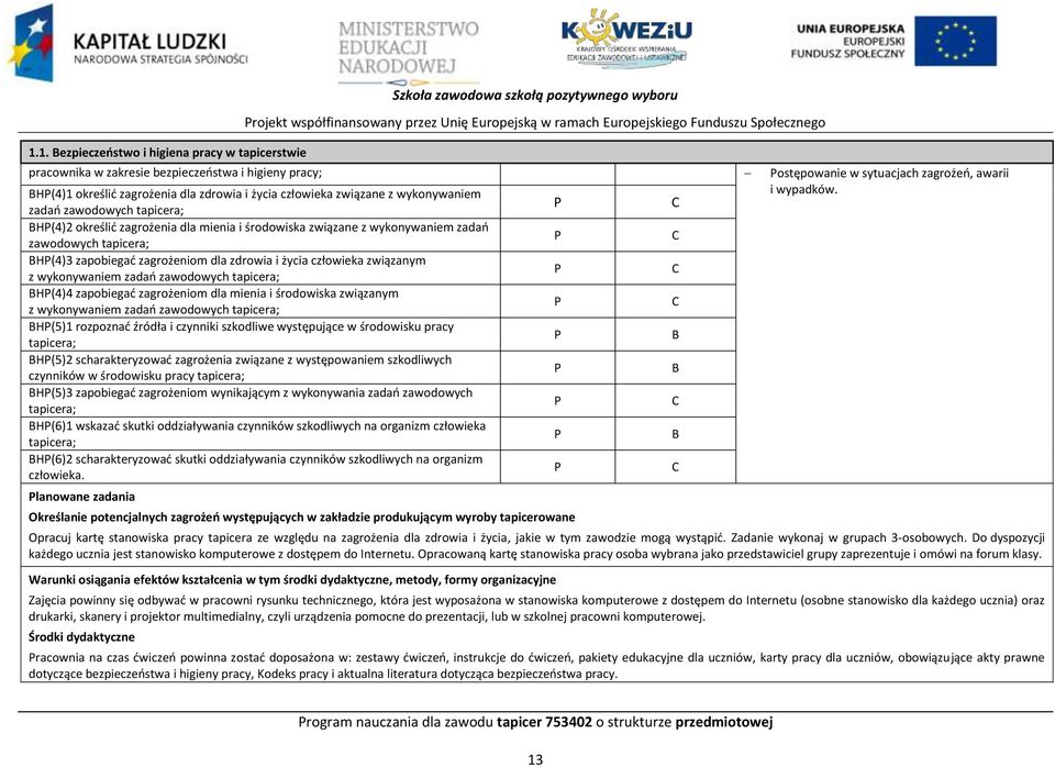 zadao zawodowych tapicera; H(4)2 określid zagrożenia dla mienia i środowiska związane z wykonywaniem zadao zawodowych tapicera; H(4)3 zapobiegad zagrożeniom dla zdrowia i życia człowieka związanym z