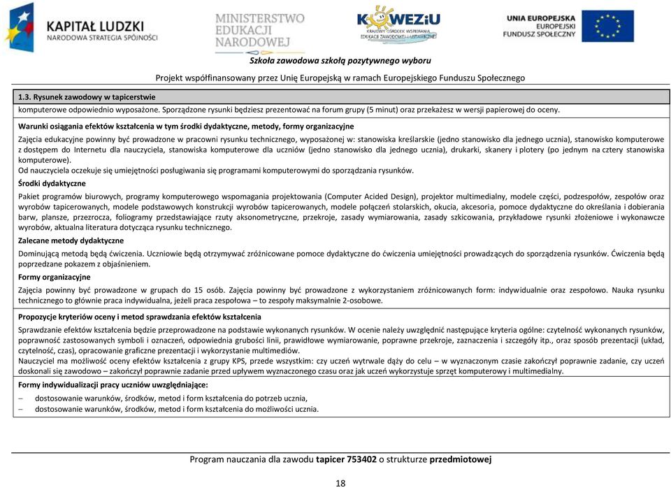 Warunki osiągania efektów kształcenia w tym środki dydaktyczne, metody, formy organizacyjne Zajęcia edukacyjne powinny byd prowadzone w pracowni rysunku technicznego, wyposażonej w: stanowiska