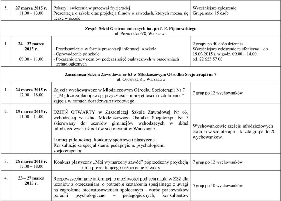 00 - Przedstawienie w formie prezentacji informacji o szkole - Oprowadzenie po szkole - Pokazanie pracy uczniów podczas zajęć praktycznych w pracowniach technologicznych 2 grupy po 40 osób dziennie.