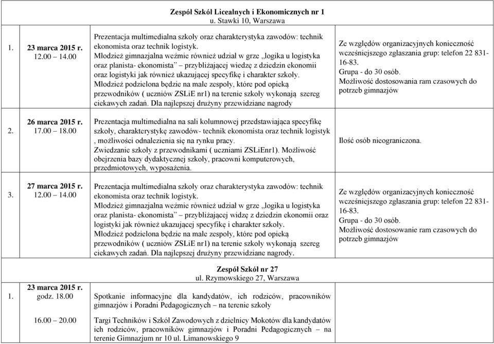 szkoły. Młodzież podzielona będzie na małe zespoły, które pod opieką przewodników ( uczniów ZSLiE nr1) na terenie szkoły wykonają szereg ciekawych zadań.