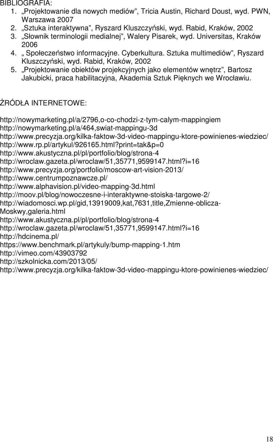 Projektowanie obiektów projekcyjnych jako elementów wnętrz, Bartosz Jakubicki, praca habilitacyjna, Akademia Sztuk Pięknych we Wrocławiu. ŹRÓDŁA INTERNETOWE: http://nowymarketing.