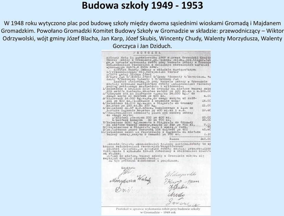 Powołano Gromadzki Komitet Budowy Szkoły w Gromadzie w składzie: przewodniczący Wiktor