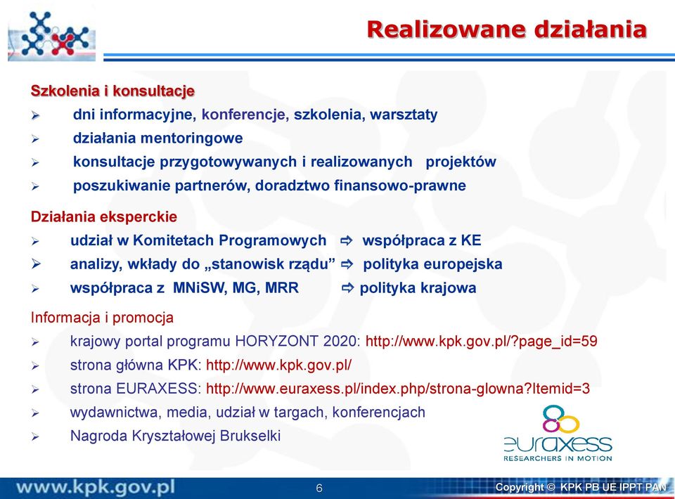współpraca z MNiSW, MG, MRR polityka krajowa Informacja i promocja krajowy portal programu HORYZONT 2020: http://www.kpk.gov.pl/?page_id=59 strona główna KPK: http://www.kpk.gov.pl/ strona EURAXESS: http://www.