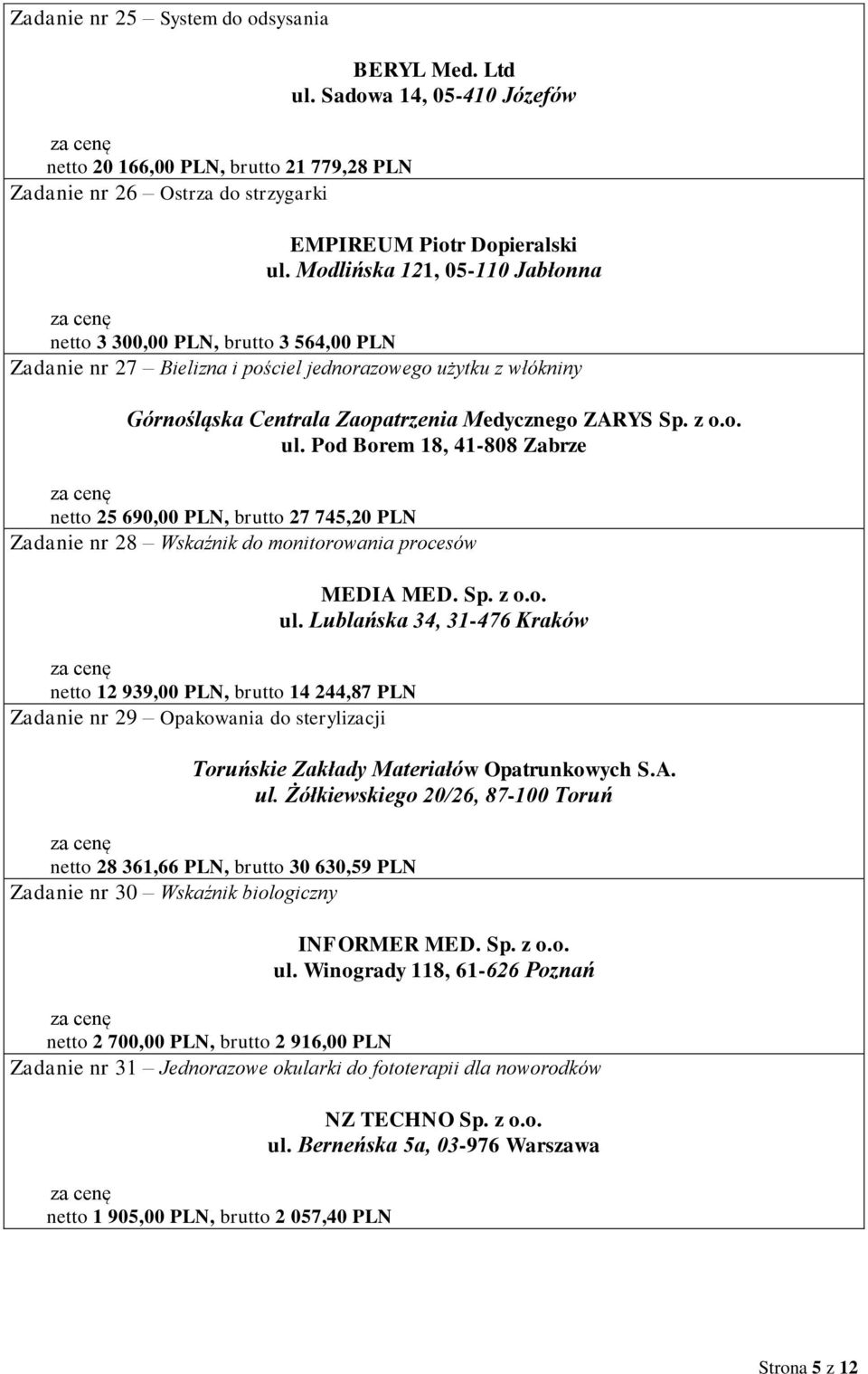 Pod Borem 18, 41-808 Zabrze netto 25 690,00 PLN, brutto 27 745,20 PLN Zadanie nr 28 Wskaźnik do monitorowania procesów netto 12 939,00 PLN, brutto 14 244,87 PLN Zadanie nr 29 Opakowania do