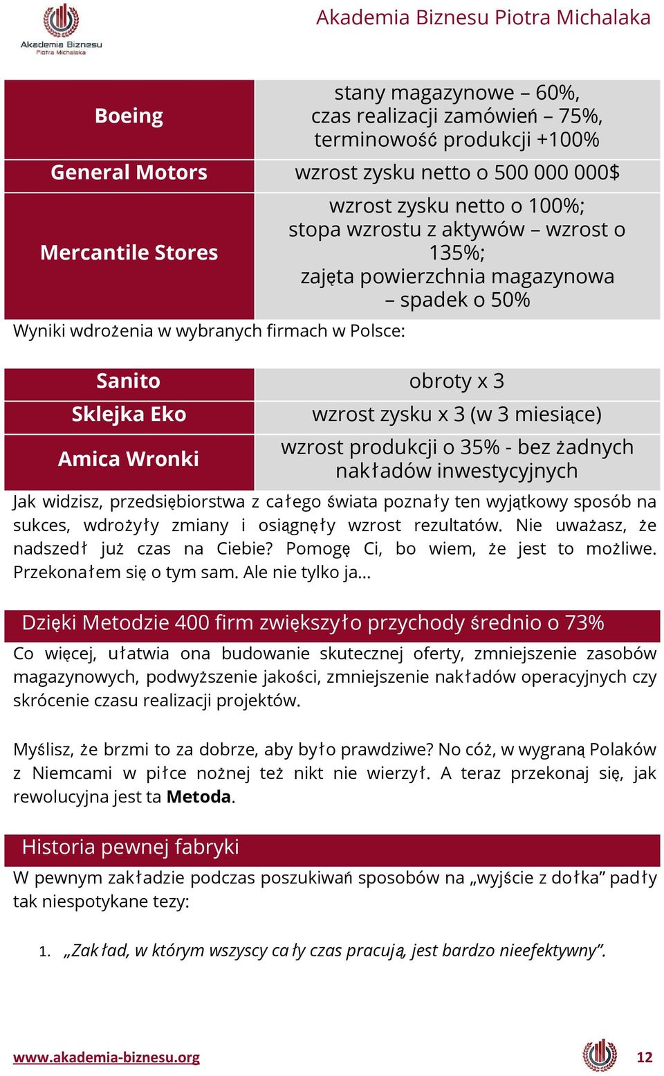 produkcji o 35% - bez żadnych nakładów inwestycyjnych Jak widzisz, przedsiębiorstwa z całego świata poznały ten wyjątkowy sposób na sukces, wdrożyły zmiany i osiągnęły wzrost rezultatów.