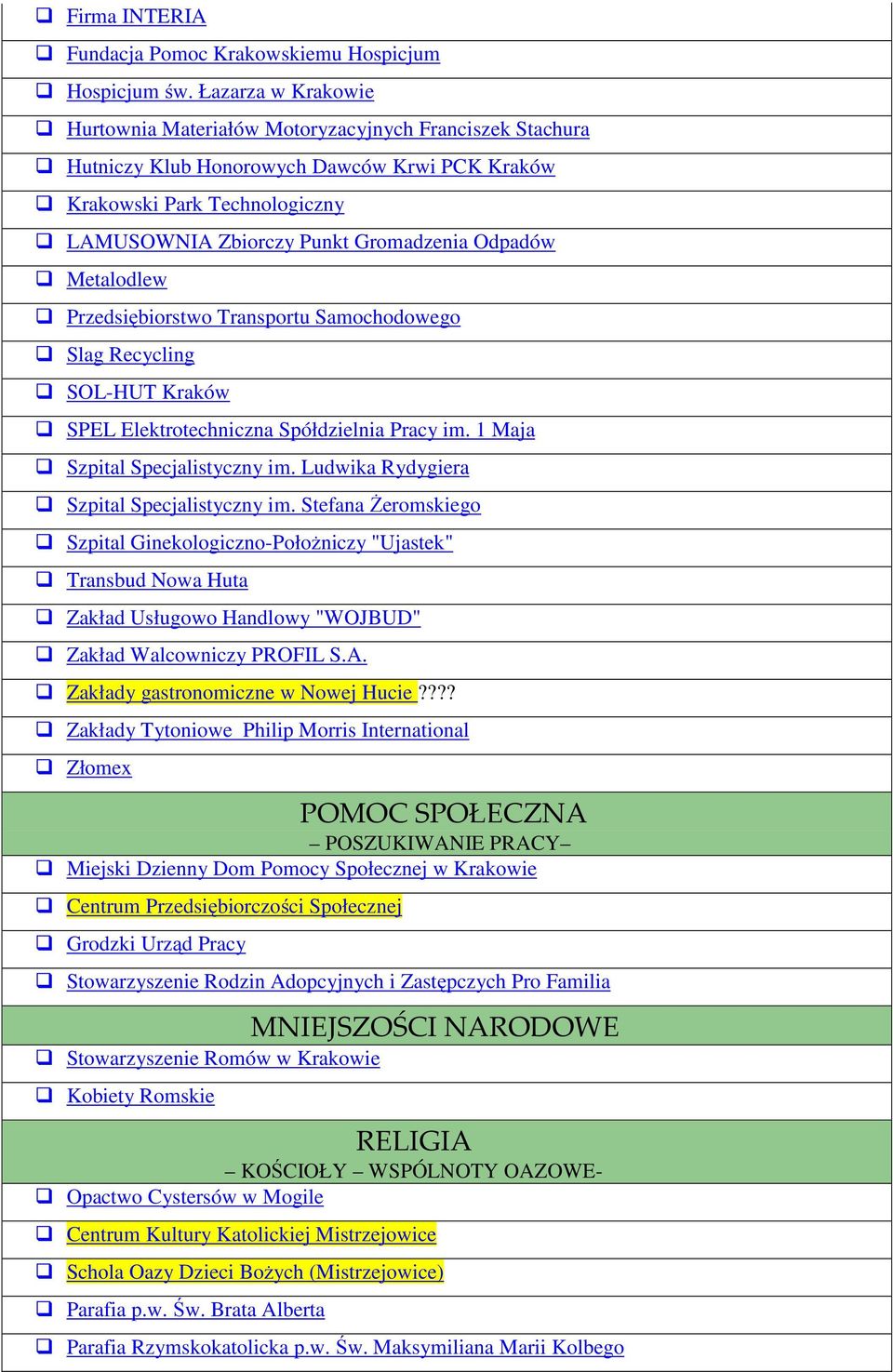 Metalodlew Przedsiębiorstwo Transportu Samochodowego Slag Recycling SOL-HUT Kraków SPEL Elektrotechniczna Spółdzielnia Pracy im. 1 Maja Szpital Specjalistyczny im.