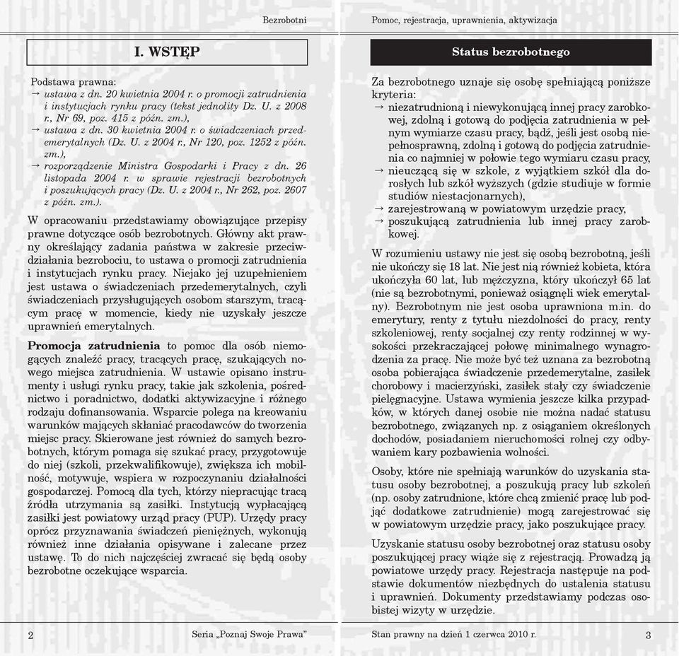 w sprawie rejestracji bezrobotnych i poszukuj¹cych pracy (Dz. U. z 2004 r., Nr 262, poz. 2607 z póÿn. zm.). W opracowaniu przedstawiamy obowi¹zuj¹ce przepisy prawne dotycz¹ce osób bezrobotnych.