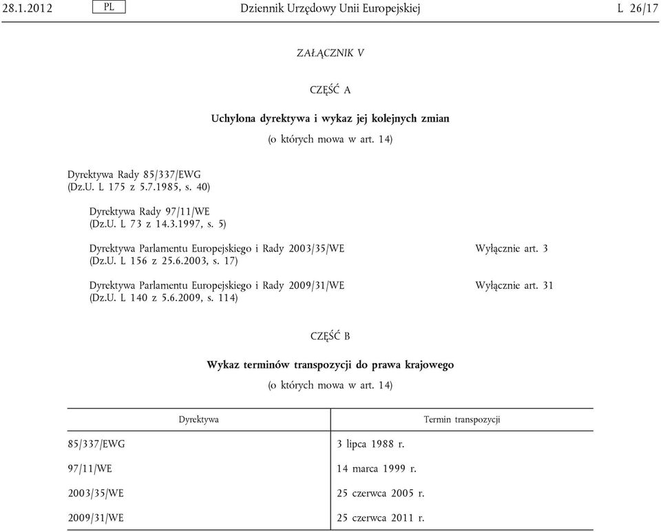 5) Dyrektywa Parlamentu Europejskiego i Rady 2003/35/WE (Dz.U. L 156 z 25.6.2003, s. 17) Dyrektywa Parlamentu Europejskiego i Rady 2009/31/WE (Dz.U. L 140 z 5.6.2009, s.