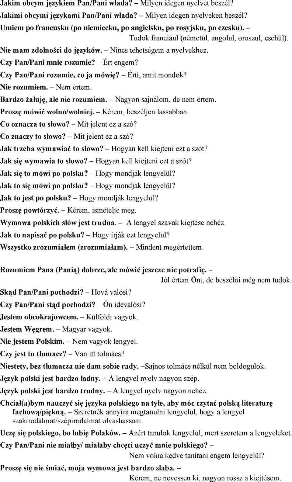 Czy Pan/Pani mnie rozumie? Ért engem? Czy Pan/Pani rozumie, co ja mówię? Érti, amit mondok? Nie rozumiem. Nem értem. Bardzo żałuję, ale nie rozumiem. Nagyon sajnálom, de nem értem.