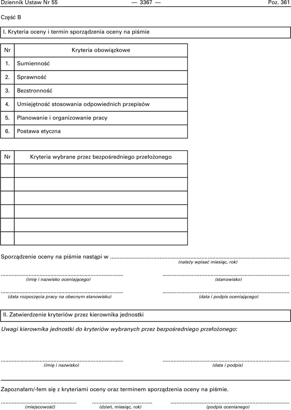.. (nale y wpisaç miesiàc, rok)...... (imi i nazwisko oceniajàcego) (stanowisko)...... (data rozpocz cia pracy na obecnym stanowisku) (data i podpis oceniajàcego) II.