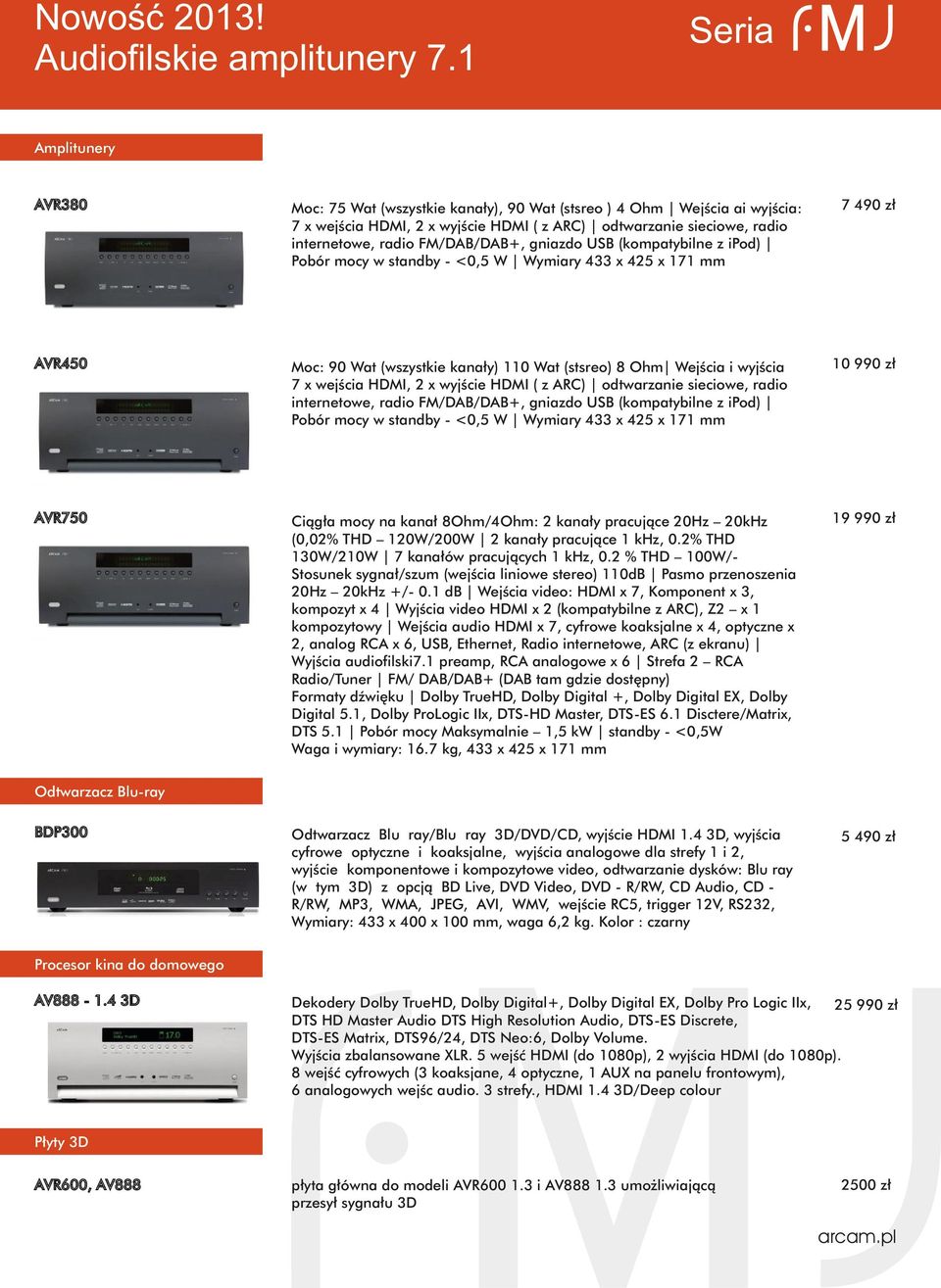 FM/DAB/DAB+, gniazdo USB (kompatybilne z ipod) Pobór mocy w standby - <0,5 W Wymiary 433 x 425 x 171 mm 7 490 zł AVR450 Moc: 90 Wat (wszystkie kanały) 110 Wat (stsreo) 8 Ohm Wejścia i wyjścia 7 x