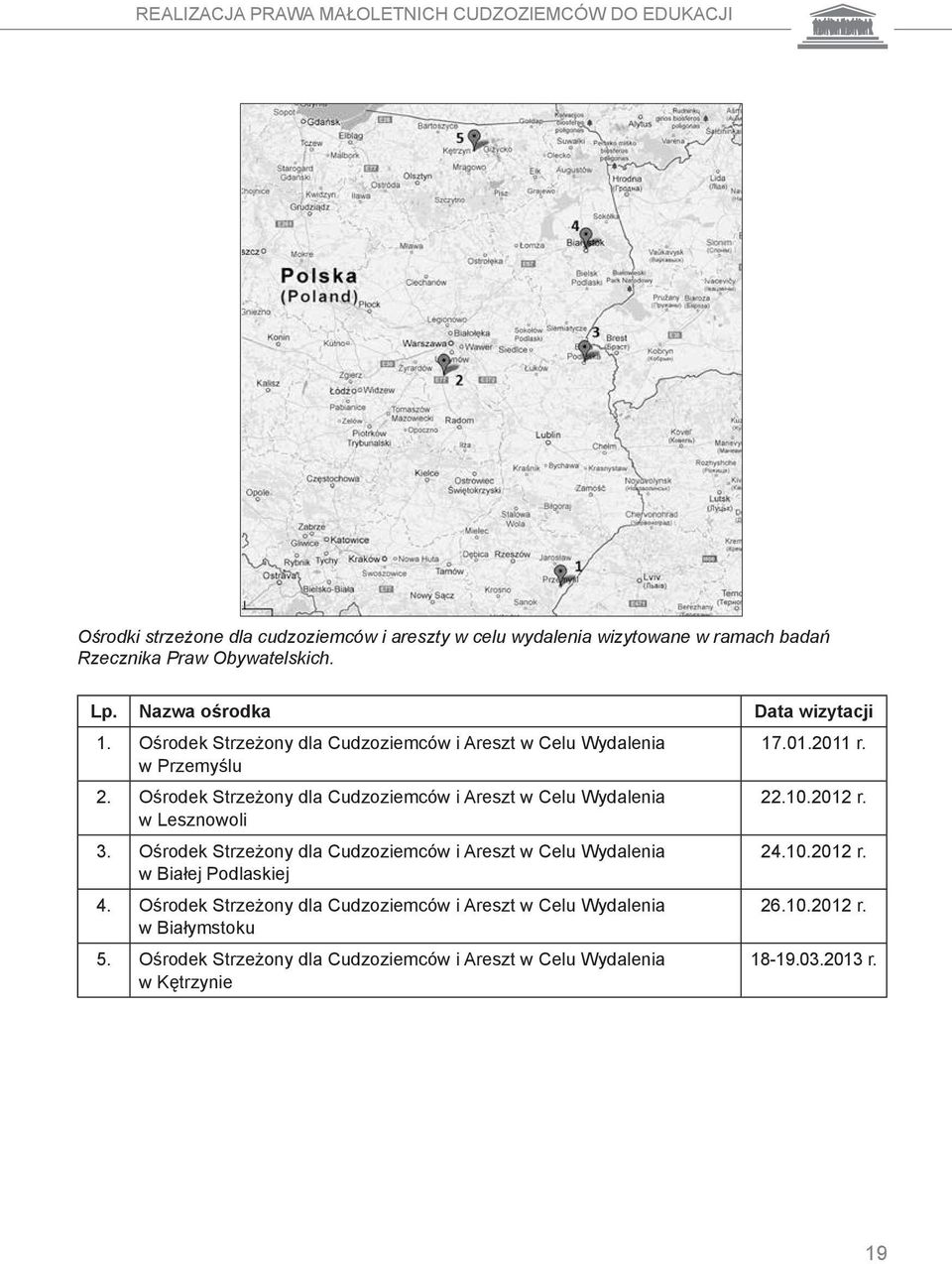 Ośrodek Strzeżony dla Cudzoziemców i Areszt w Celu Wydalenia 22.10.2012 r. w Lesznowoli 3. Ośrodek Strzeżony dla Cudzoziemców i Areszt w Celu Wydalenia 24.10.2012 r. w Białej Podlaskiej 4.