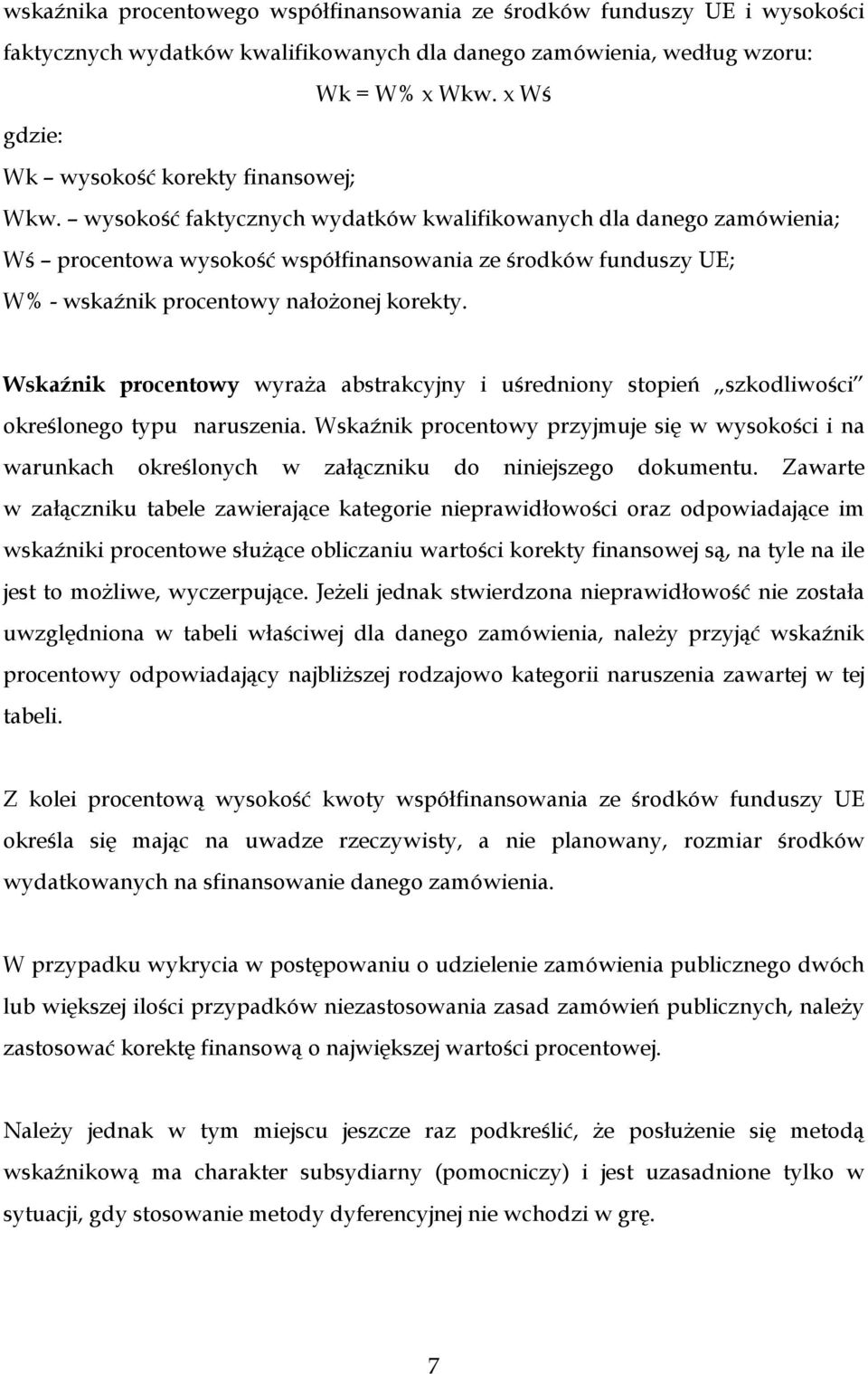 wysokość faktycznych wydatków kwalifikowanych dla danego zamówienia; Wś procentowa wysokość współfinansowania ze środków funduszy UE; W% - wskaźnik procentowy nałoŝonej korekty.